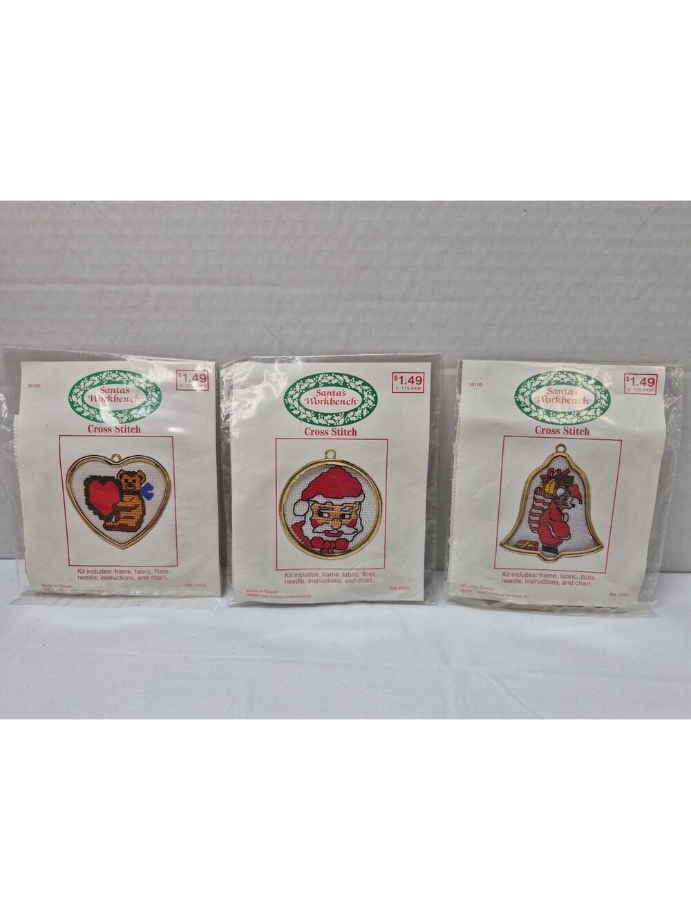 Vtg Santa's Workbench Cross Stitch Kits 3 Holiday Ornament Designs with Kit J125
